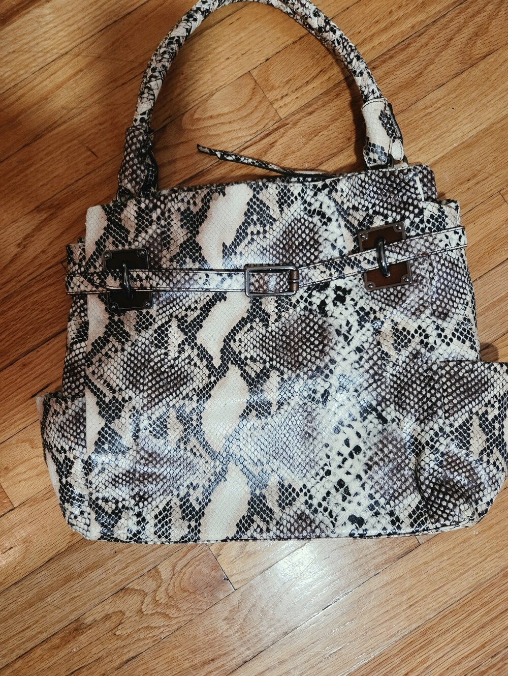 Elliot Luca Snake-Print Handbag Tote in Cream and Black
